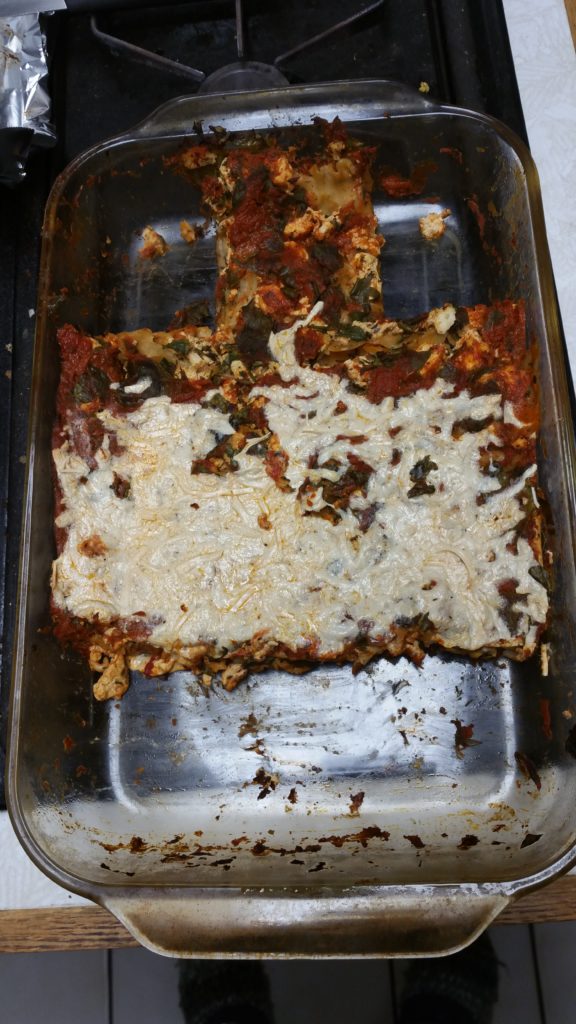 What remains of the lasagna after we started cutting into it.