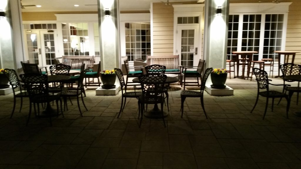 NIghttime view of some of the outdoor seating.
