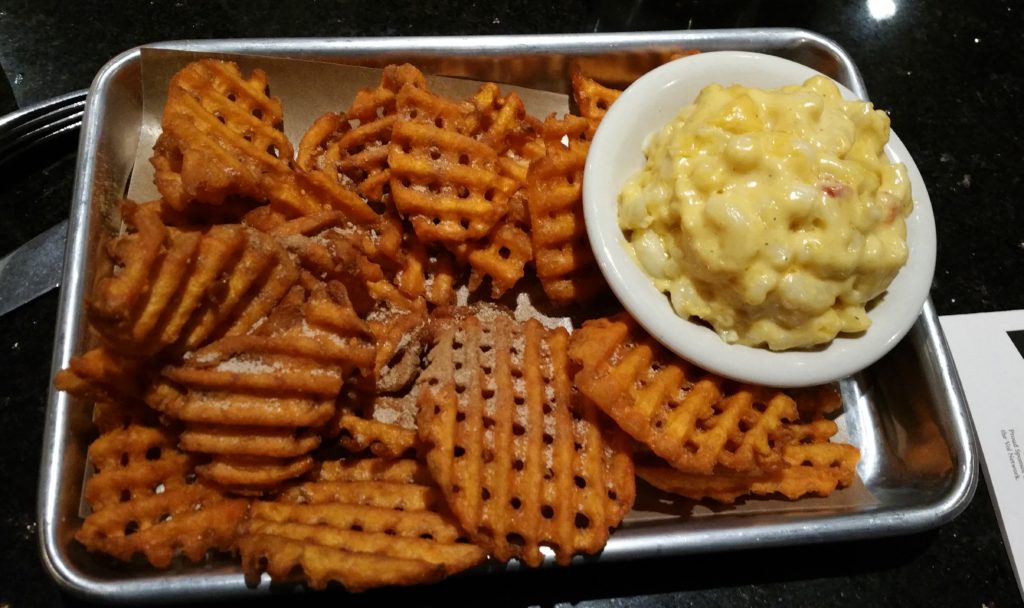 Sweet potato waffle fries and macaroni and cheese--great for the soul, not as great for the waistline.