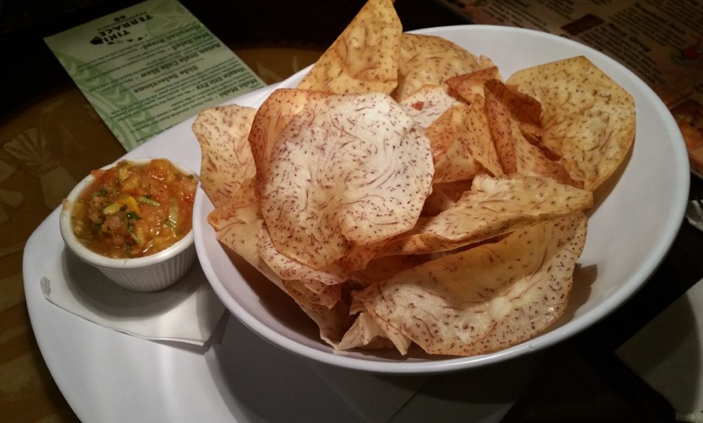 Taro chips with pineapple salsa--very addictive