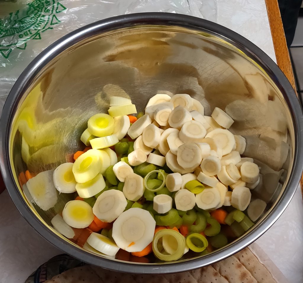 Chopped veggies ready for the pot.