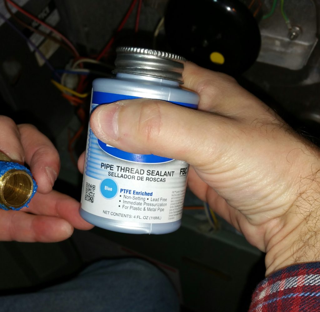 Here is our bottle of pipe thread sealant. Without this, each connection would leak, causing an unwanted explosion - let's avoid that!