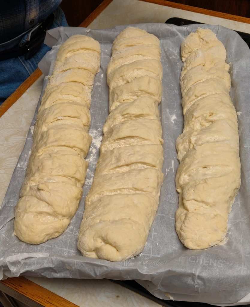 The dough was rolled out and then rolled back into shape and prepared to become French baguettes