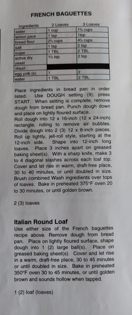 Here are the step-by-step instructions for French baguettes using the bread maker taken straight from the book.