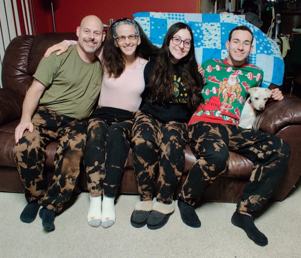 The family in our reverse tie-dye Hanukkah sweats!  (This photo was taken on 12/25, so my son enjoyed wearing his ugly sweater, too.)